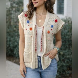 Vintage Boho Hand Knit Cardigan Sweater Vest Cottagecore Grandpa Chic XS/S